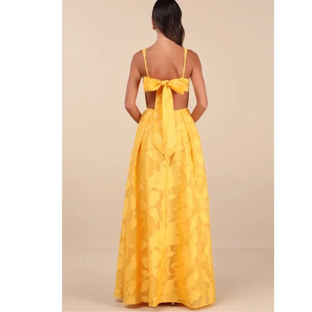 Lulus Perfected Aura Yellow Floral Jacquard Bow‎ Back Maxi Dress With Pockets S - Picture 3 of 9